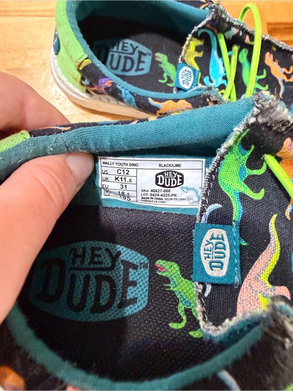 Hey Dude Kids Size 12 Navy Dinosaur Slip-Ons with Neon Green Accents